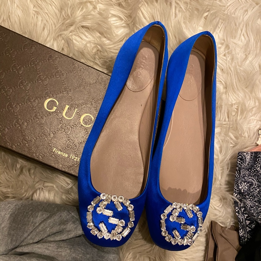 Gucci Blue Crystal GG Satin Ballet Flats